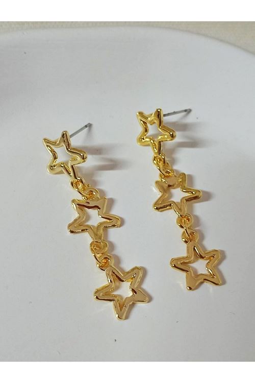 Gold Üç Sıralı Yıldız Şık Kadın Küpe