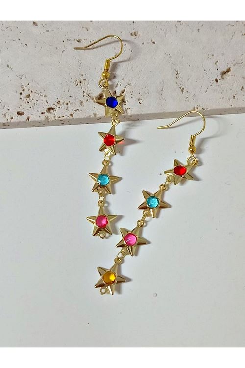 3 Parçalı, Gold Yıldız Mix Taşlı Sallantılı Küpe Ve Y Kolye Seti