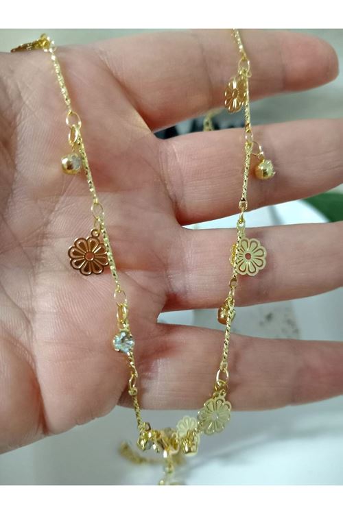 Gold Çiçekli Taşlı Kararmaz Zarif Y Kolye