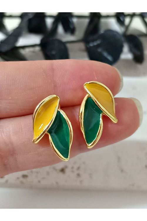 Gold Yeşil Sarı Yaprak Küçük Küpe