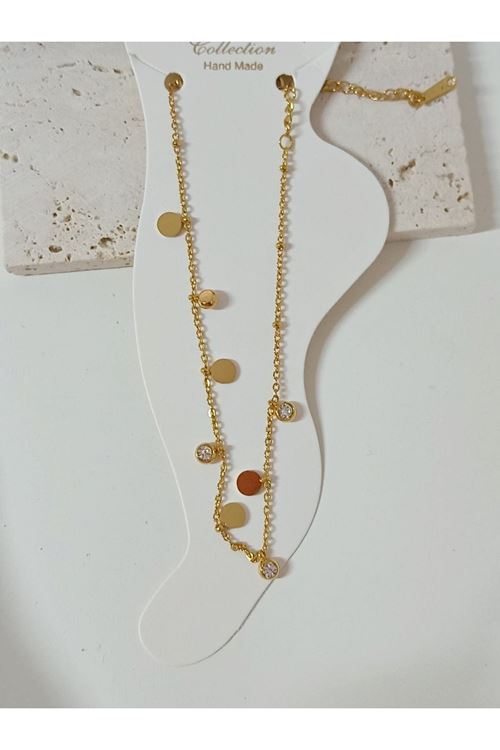 Gold Yuvarlak Plaka Ve Beyaz Taş Sallantılı Halhal