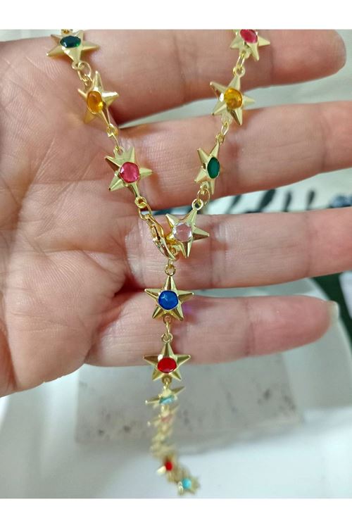 3 Parçalı, Gold Yıldız Mix Taşlı Sallantılı Küpe Ve Y Kolye Seti