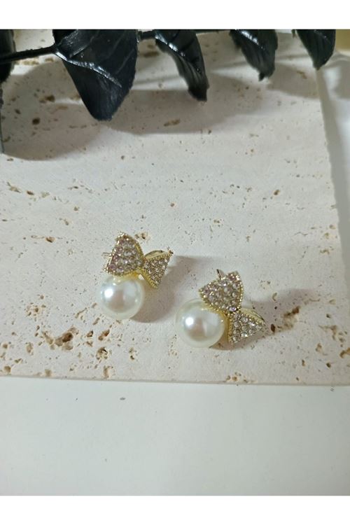 Gold Taşlı Fiyonk İnci Zarif Kadın Küpe