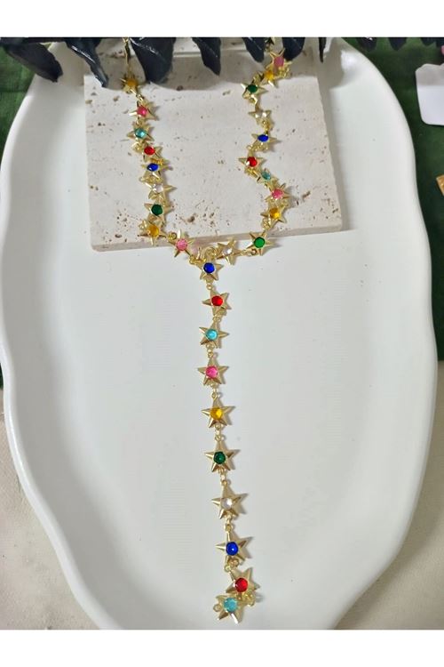 3 Parçalı, Gold Yıldız Mix Taşlı Sallantılı Küpe Ve Y Kolye Seti