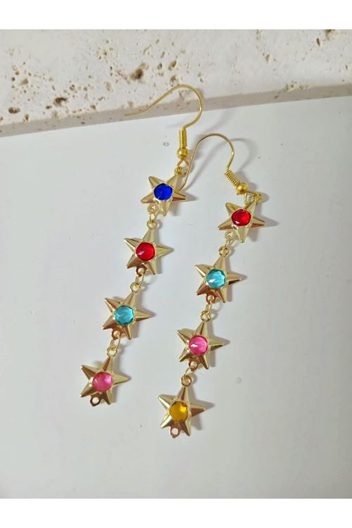 3 Parçalı, Gold Yıldız Mix Taşlı Sallantılı Küpe Ve Y Kolye Seti