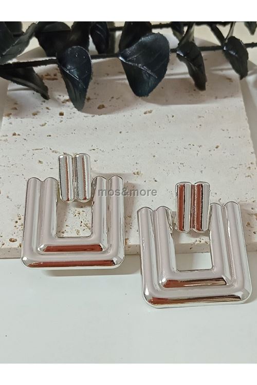 Marka Küpe, Gümüş Kare Plaka Şık Kadın Küpe