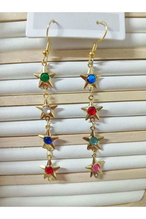 Gold Yıldız Mix Taşlı Sallantılı Küpe