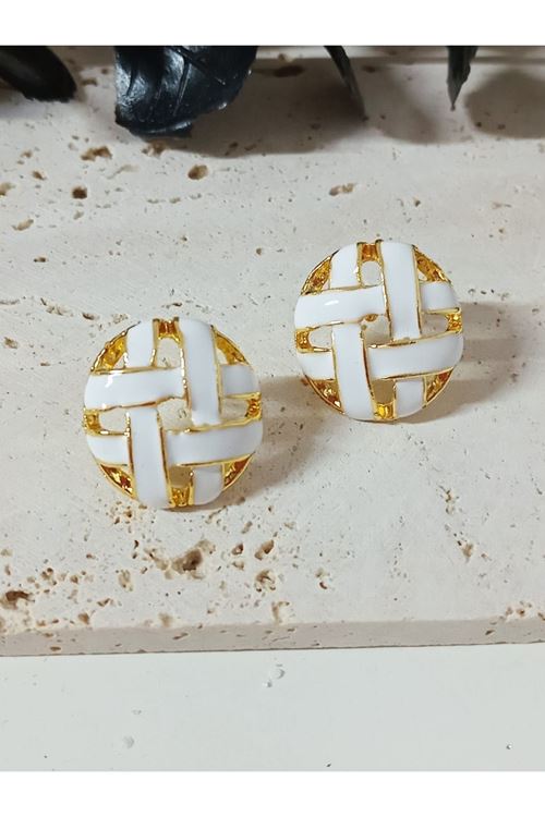 Siyah Gold Vintage Ekose Delikli Şık Küpe