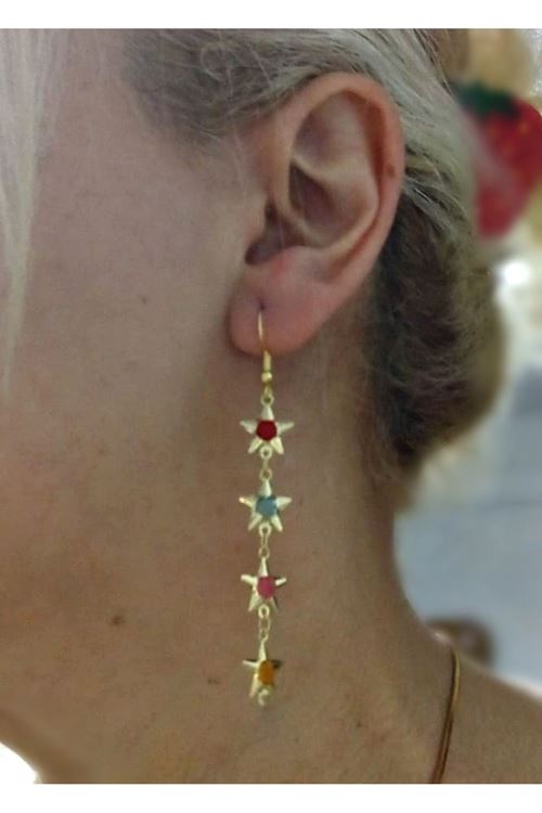 Gold Yıldız Mix Taşlı Sallantılı Küpe