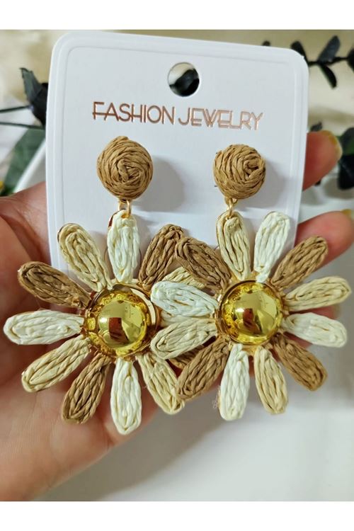 Kahverengi Hasır Gold Şık Küpe