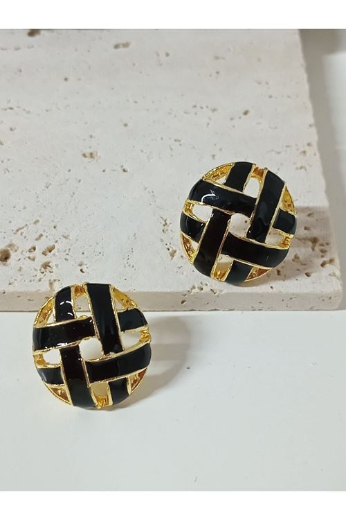 Siyah Gold Vintage Ekose Delikli Şık Küpe