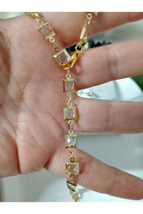 Gold Beyaz Kare Taşlı Kararmaz Zarif Y Kolye