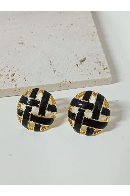 Siyah Gold Vintage Ekose Delikli Şık Küpe