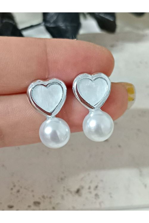 Gümüş Kalp İncili Küçük Kadın Küpe