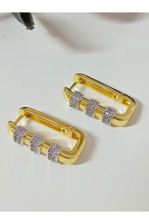 Gold Üç Sıra Taşlı Dörtgen Halka Küpe