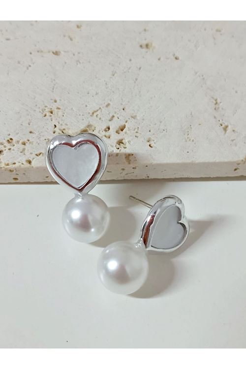 Gümüş Kalp İncili Küçük Kadın Küpe