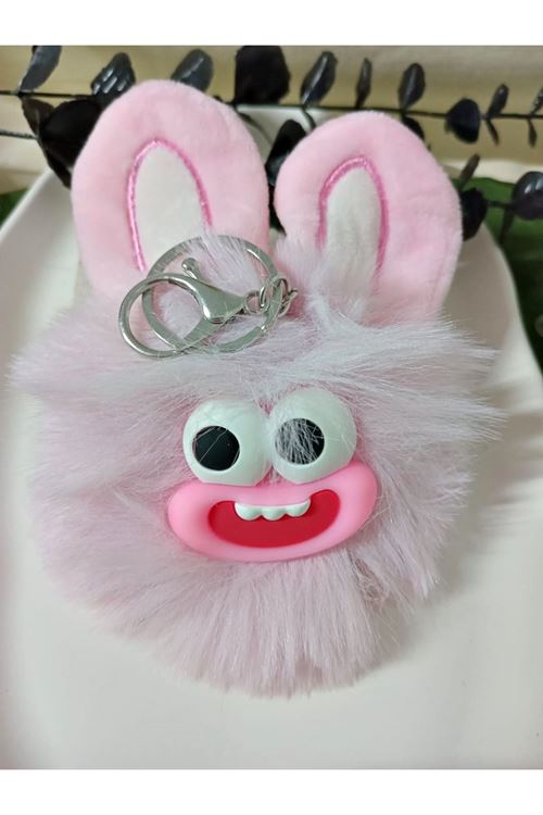 Pembe Tavşan Ponpon Çanta Süsü Aksesuarı Anahtarlık, Araba Süsü,Çanta charmı