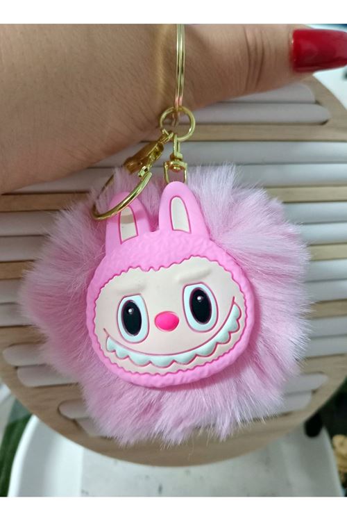 Pembe Labubu Ponpon Çanta Süsü Aksesuarı Anahtarlık, Araba Süsü,Çanta charmı