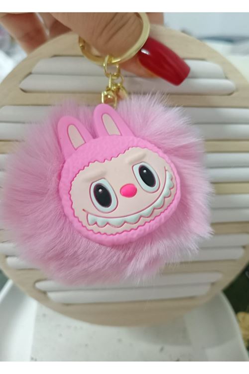 Pembe Labubu Ponpon Çanta Süsü Aksesuarı Anahtarlık, Araba Süsü,Çanta charmı