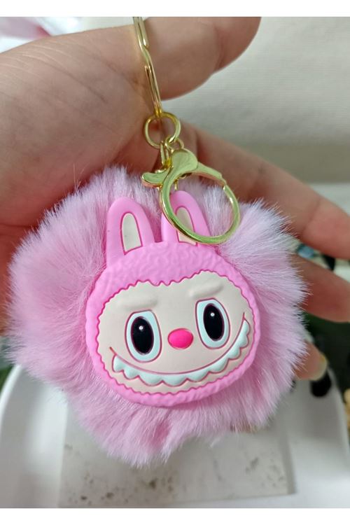 Pembe Labubu Ponpon Çanta Süsü Aksesuarı Anahtarlık, Araba Süsü,Çanta charmı