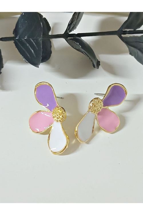 Pembe Mor Beyaz Yarım Çiçek Hafif Şık Kadın Küpe
