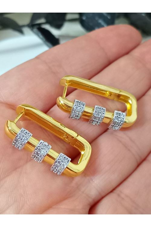 Gold Üç Sıra Taşlı Dörtgen Halka Küpe