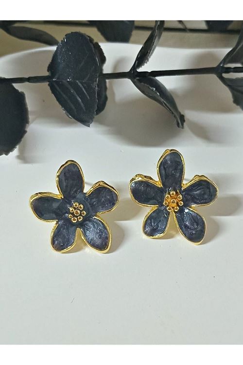 Siyah Sedefli Çiçek Hafif Şık Kadın Küpe