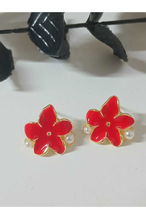 Kırmızı Sedefli Çiçek İncili Küçük Kadın Küpe