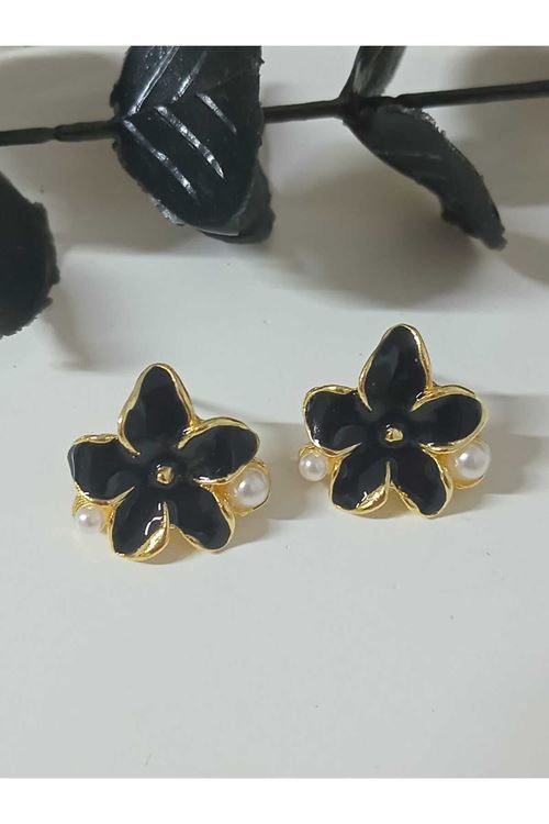 Siyah Sedefli Çiçek İncili Küçük Kadın Küpe