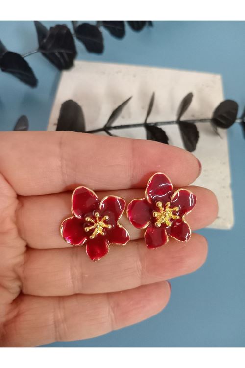 Bordo Çiçek Kadın Küpe