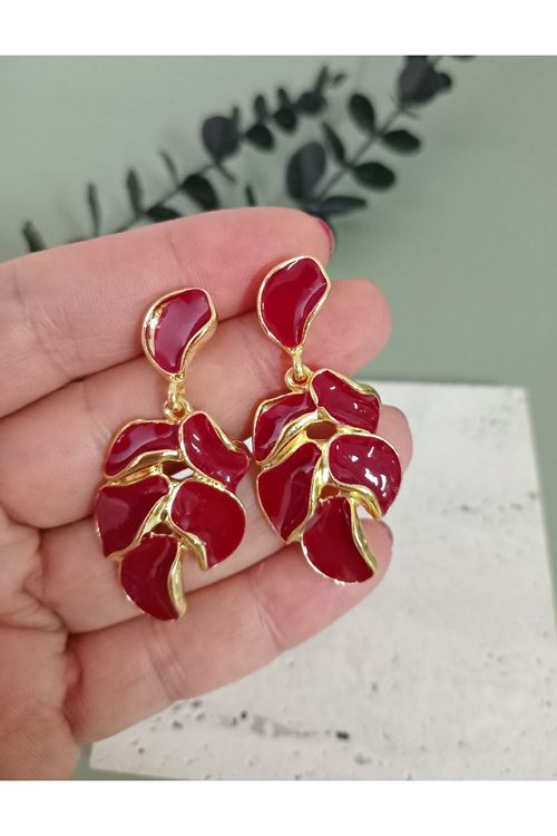 Bordo Yaprak Model Kadın Küpe