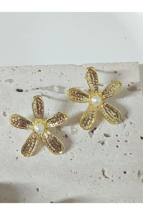 Gold İncili Papatya Hafif Şık Küpe Seti