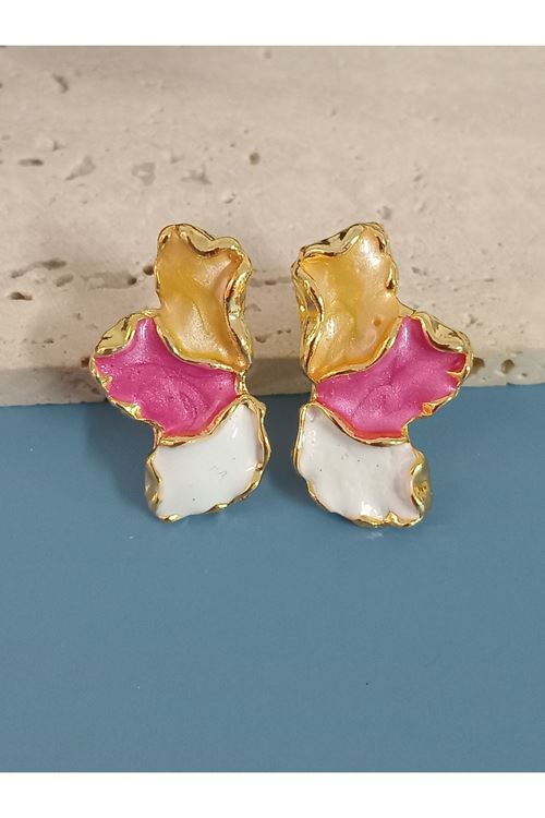 Pembe Bej Beyaz Mineli Yarım Çiçek Küçük Küpe