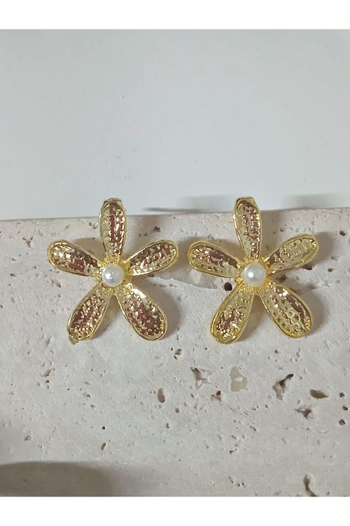 Gold İncili Papatya Hafif Şık Küpe Seti