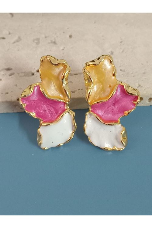 Pembe Bej Beyaz Mineli Yarım Çiçek Küçük Küpe