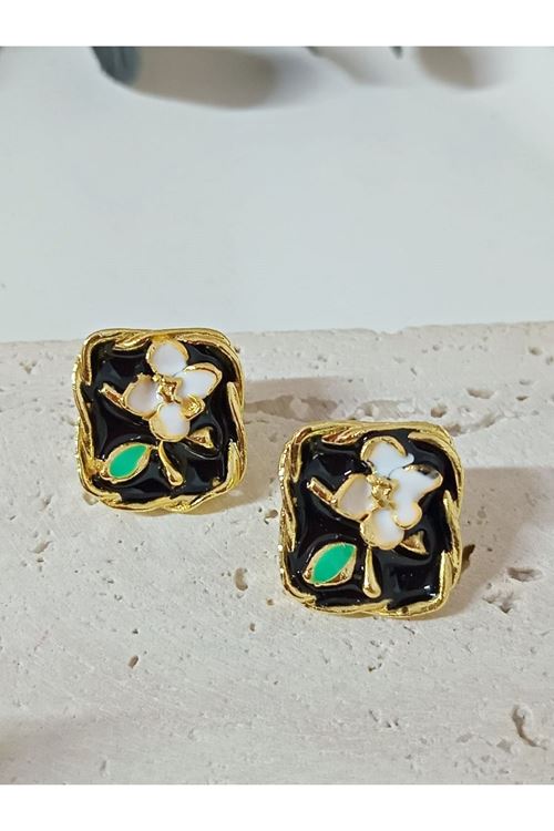 Siyah Mineli Retro Çiçek Gold Küpe