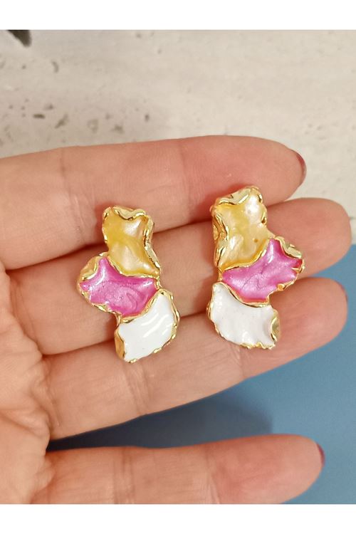 Pembe Bej Beyaz Mineli Yarım Çiçek Küçük Küpe