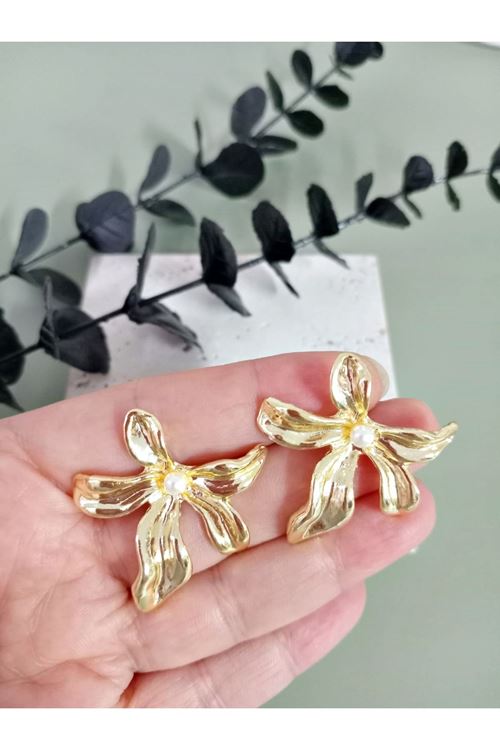 Gold İncili Çiçek Küpe
