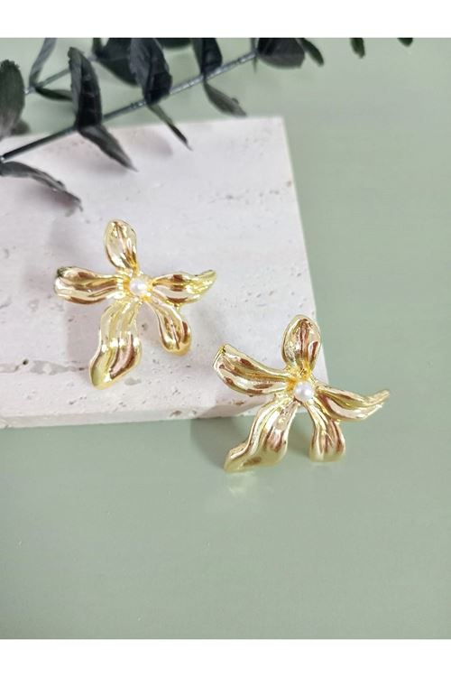 Gold İncili Çiçek Küpe