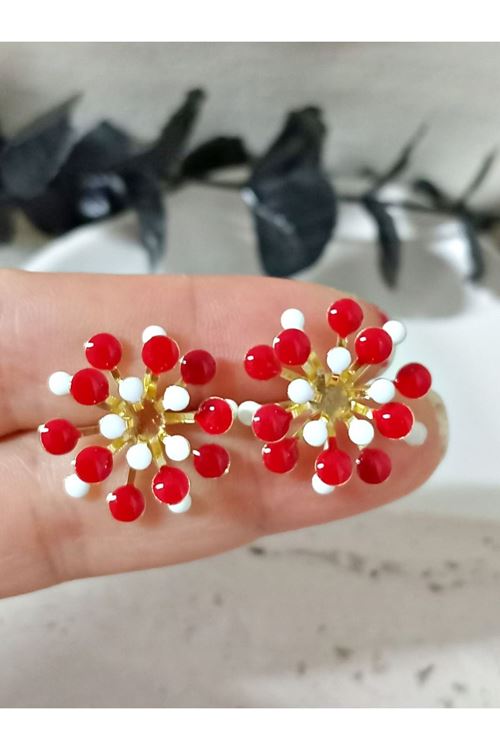 Bordo Beyaz Mineli Gold Küpe