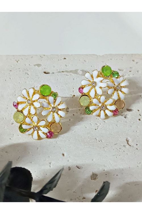Beyaz Mineli Gold Papatya Küpe