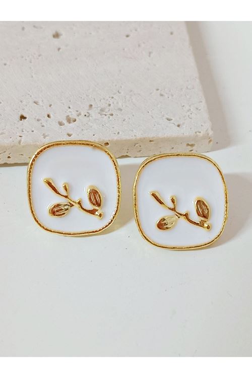 Beyaz Mineli Gold Kare Küpe