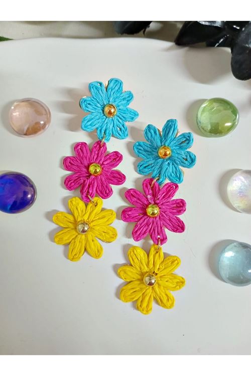 Mavi-Pembe-Sarı Çiçek Rafya Plaj Kadın Küpe