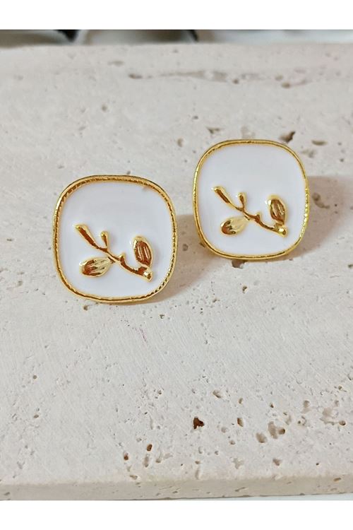 Beyaz Mineli Gold Kare Küpe