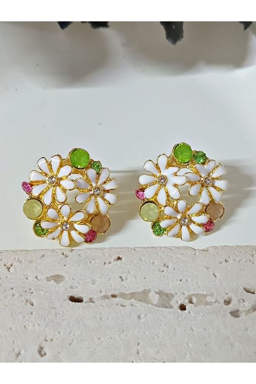 Beyaz Mineli Gold Papatya Küpe