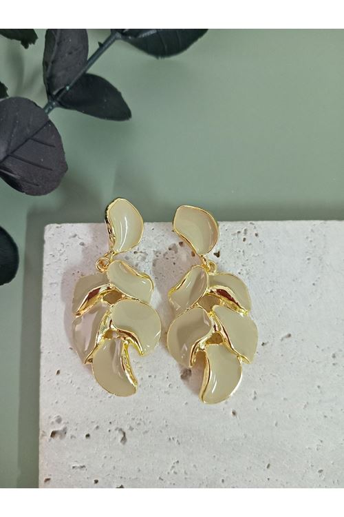 Bej Yaprak Model Kadın Küpe