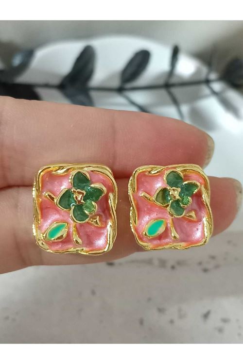 Somon Mineli Retro Çiçek Gold Küpe
