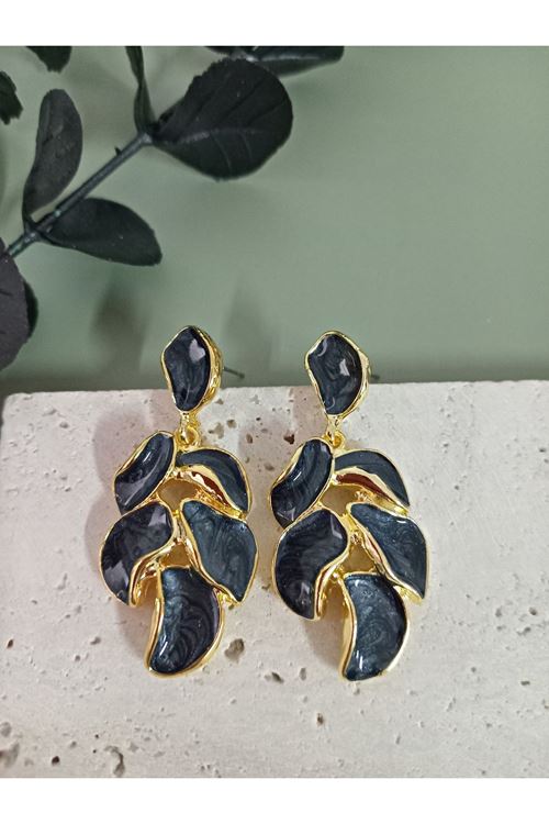 Siyah Sedefli Yaprak Model Kadın Küpe