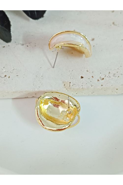 Sedefli Krem Mineli Top Kadın Küpe