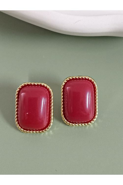 Gold Bordo Dörtgen Küpe